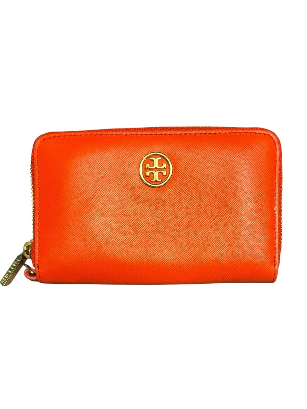 Tory Burch Robinson Orange Saffiano Leather Gold Interior Medium Zip Wallet